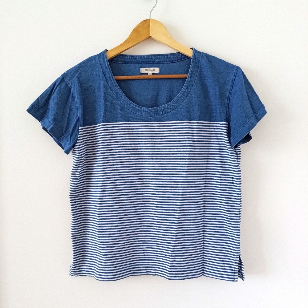 Boxy denim blue t shirt with nautical stripes (size XXS - fits XS/s)